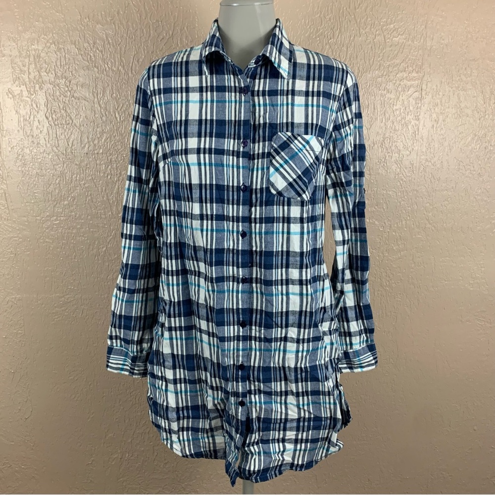Rosettes Blue Plaid Long Sleeve Tunic Dress